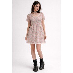 Vintage 90s Elisse Womens Babydoll Dress Sz Medium Pink Floral Sheer Grunge